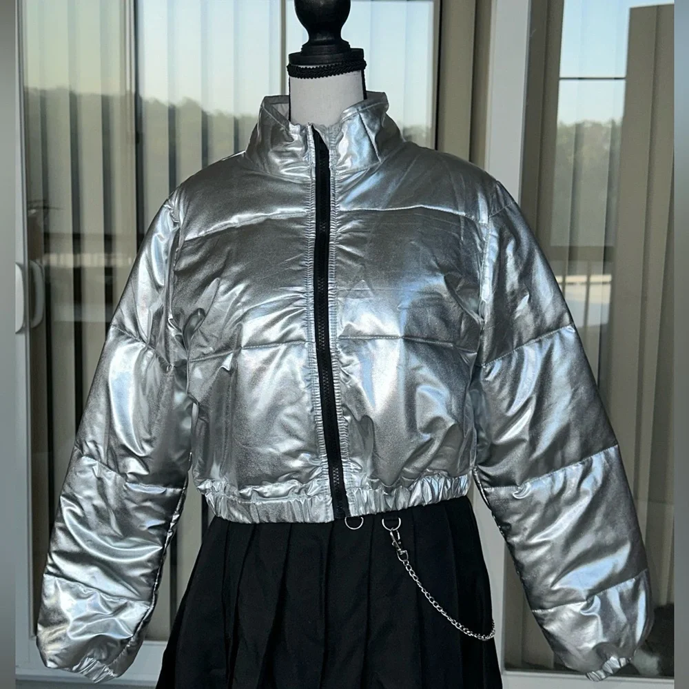 Silver Metallic Big Girls Puffer Jacket